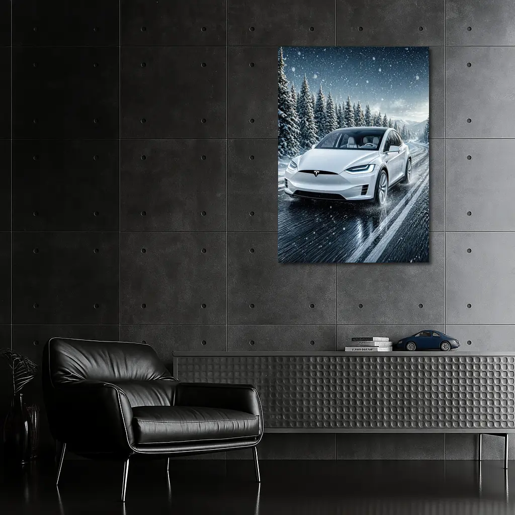 Tesla Model X Driving Snowy Winter Road – Wall Art