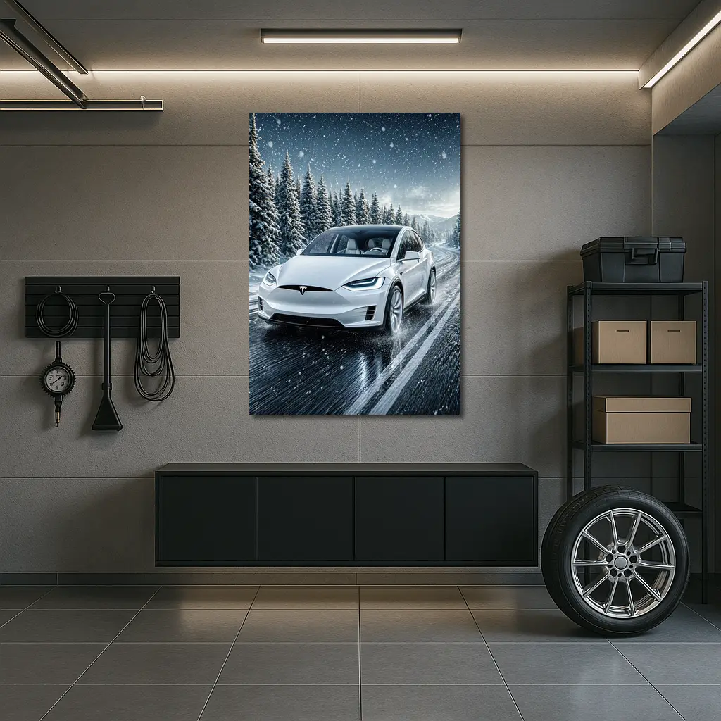 Tesla Model X Driving Snowy Winter Road – Wall Art