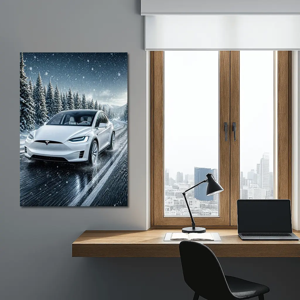 Tesla Model X Driving Snowy Winter Road – Wall Art