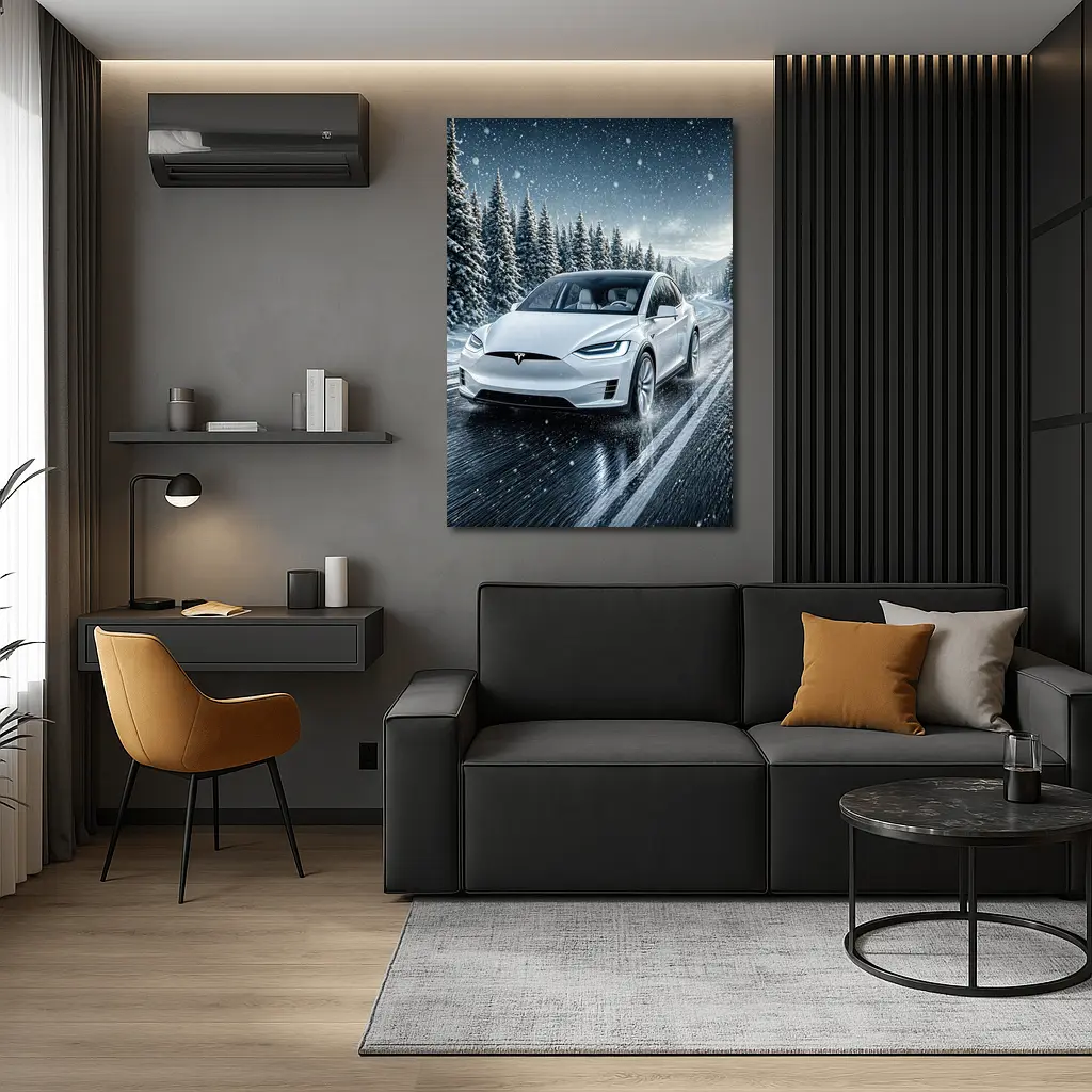 Tesla Model X Driving Snowy Winter Road – Wall Art