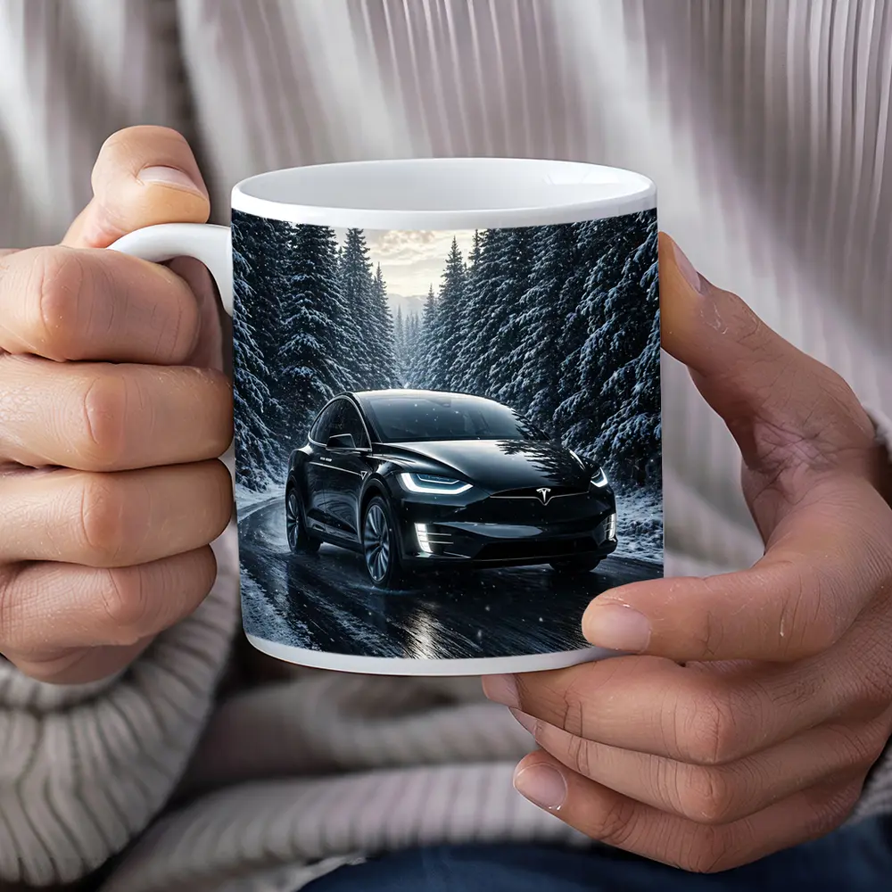 Tesla Model X Black Winter Snow Forest – Mugs