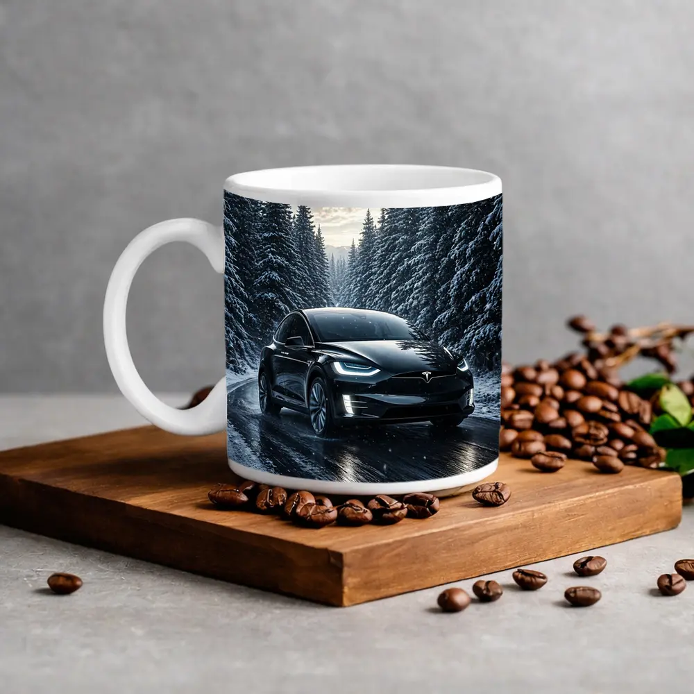 Tesla Model X Black Winter Snow Forest – Mugs