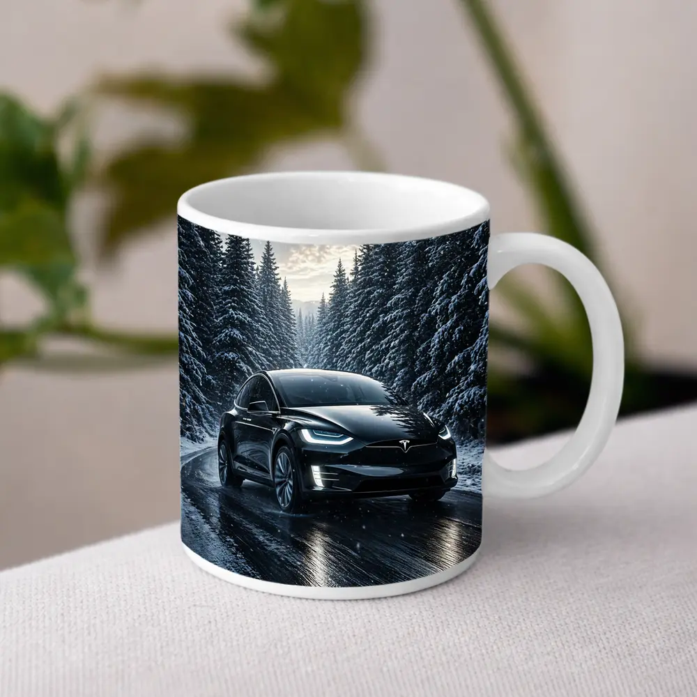 Tesla Model X Black Winter Snow Forest – Mugs