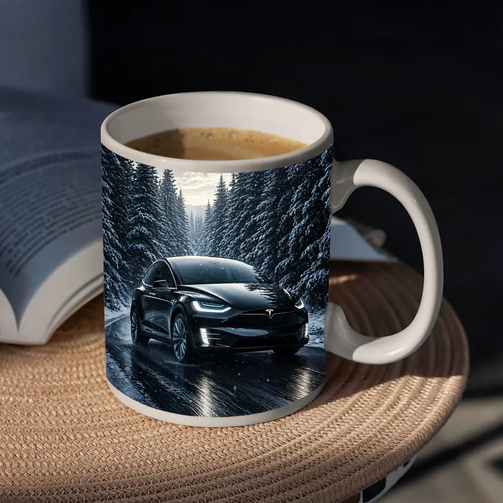 Tesla Model X Black Winter Snow Forest – Mugs