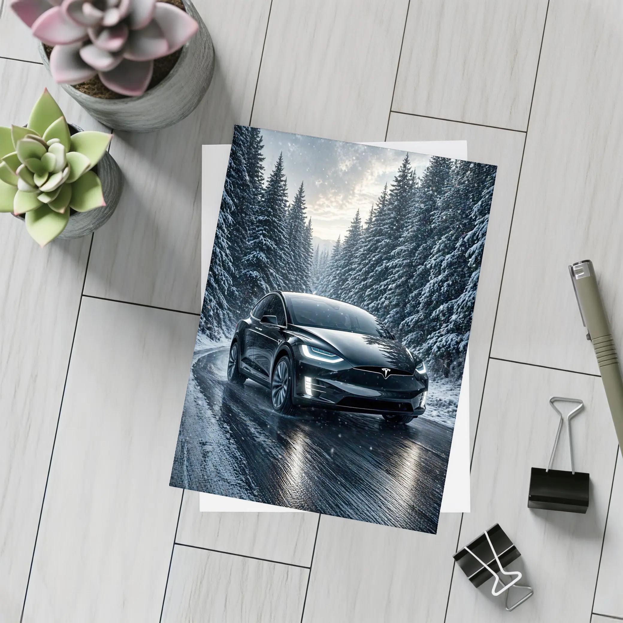 Tesla Model X Black Winter Snow Forest – Postcards