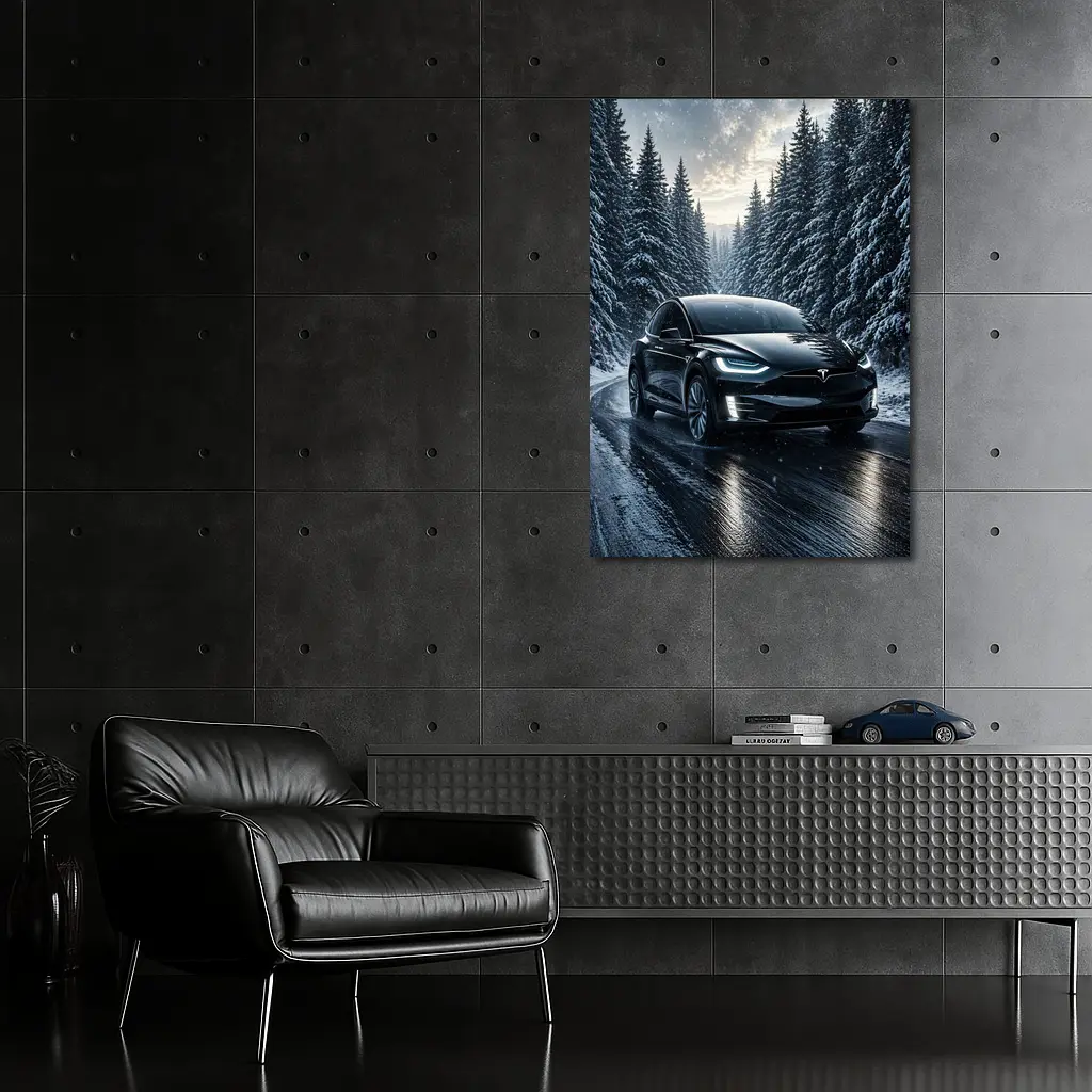 Tesla Model X Black Winter Snow Forest – Wall Art