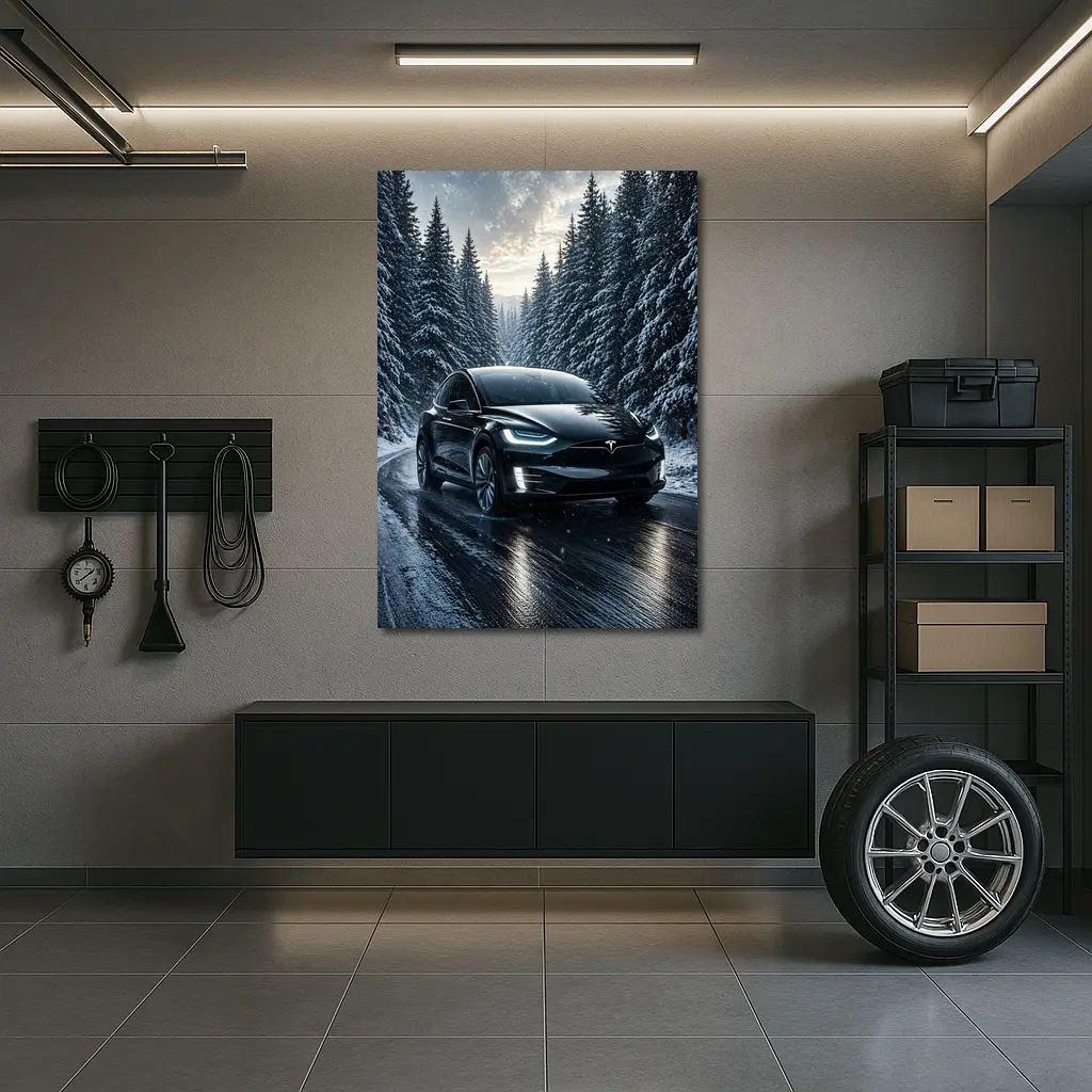 Tesla Model X Black Winter Snow Forest – Wall Art