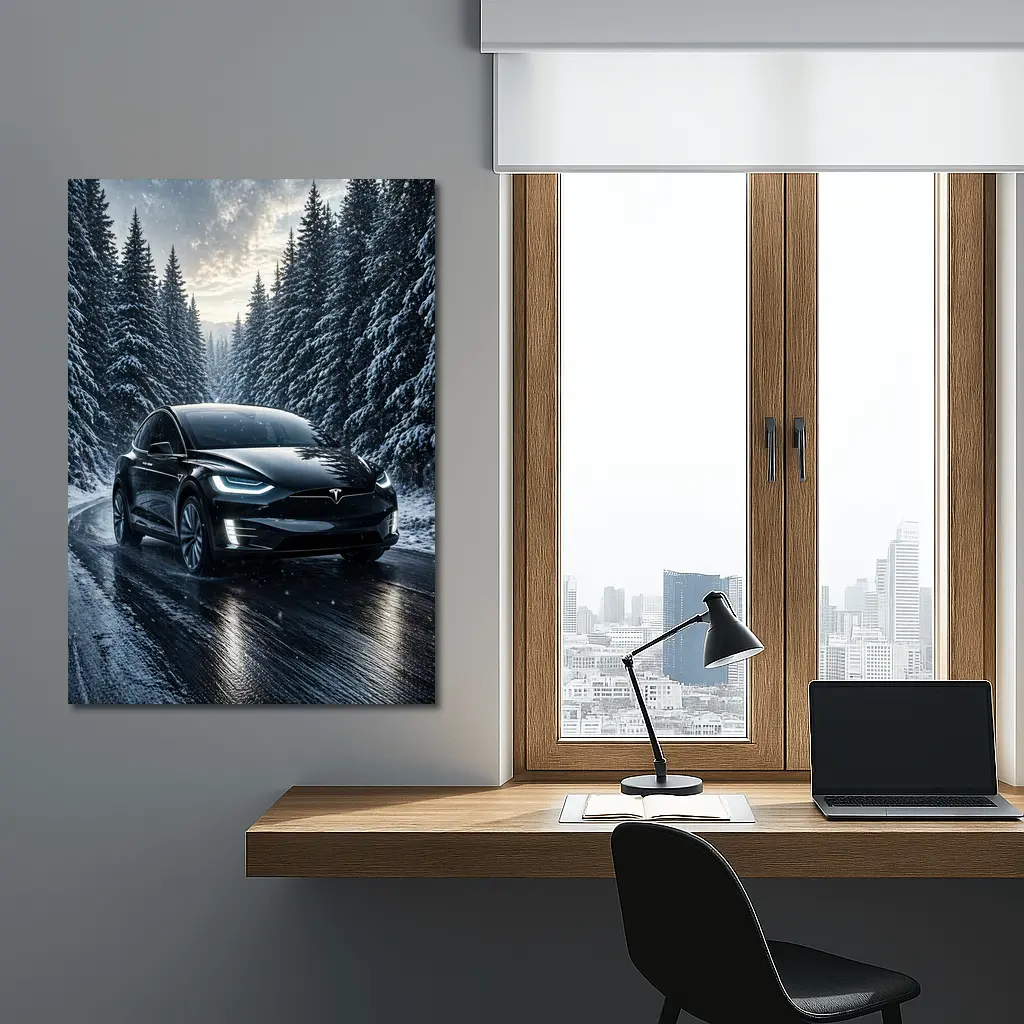 Tesla Model X Black Winter Snow Forest – Wall Art