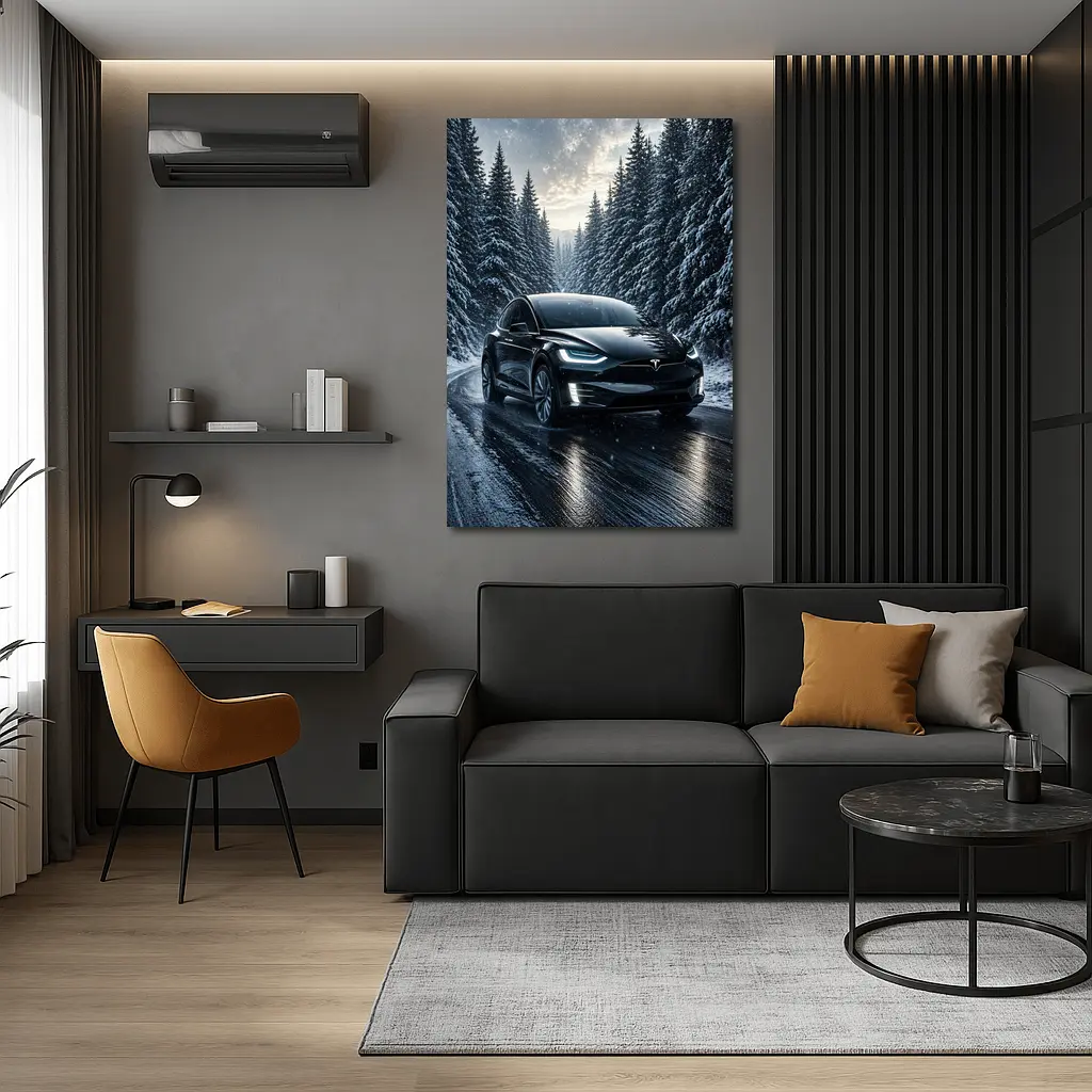Tesla Model X Black Winter Snow Forest – Wall Art