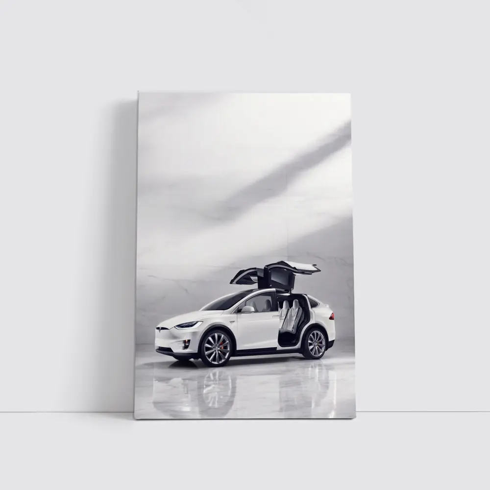 Tesla Model X White Falcon Wing Doors Open – Wall Art