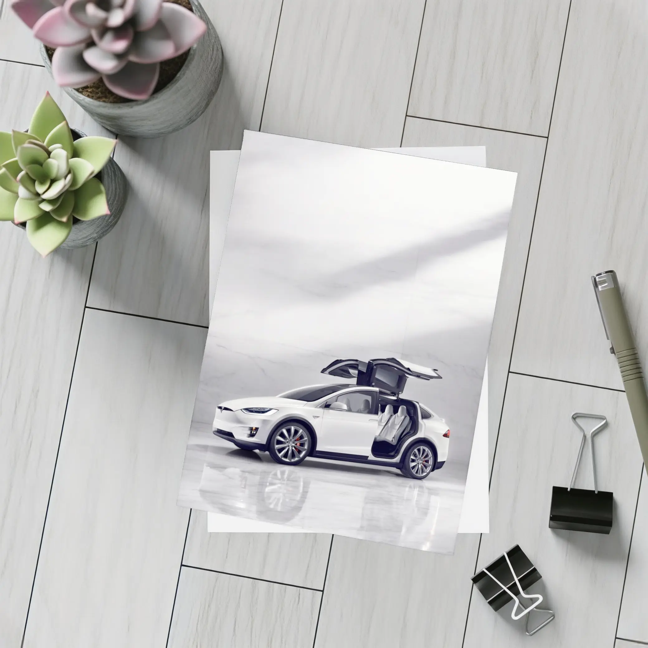 Tesla Model X White Falcon Wing Doors Open – Postcards