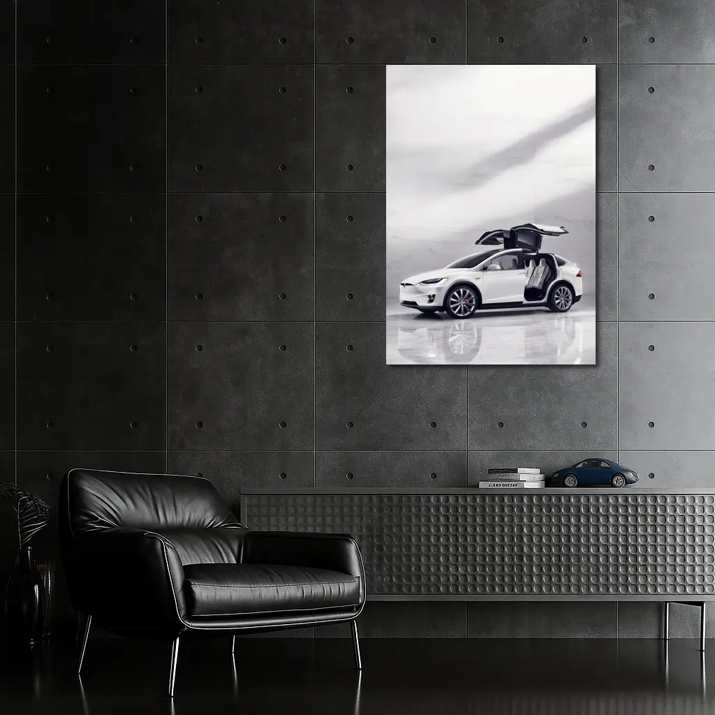 Tesla Model X White Falcon Wing Doors Open – Wall Art