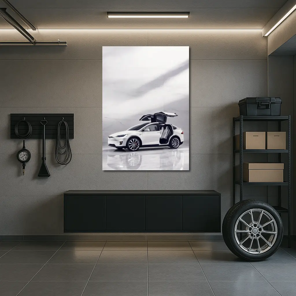 Tesla Model X White Falcon Wing Doors Open – Wall Art