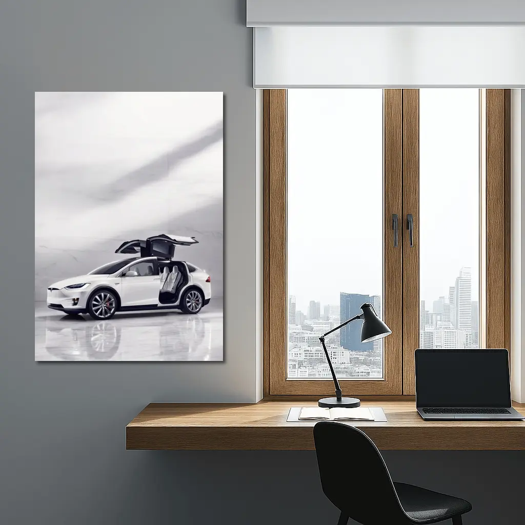 Tesla Model X White Falcon Wing Doors Open – Wall Art