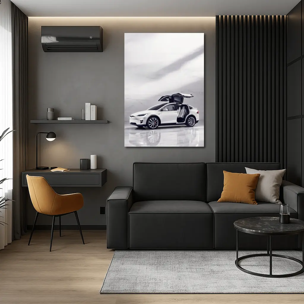 Tesla Model X White Falcon Wing Doors Open – Wall Art