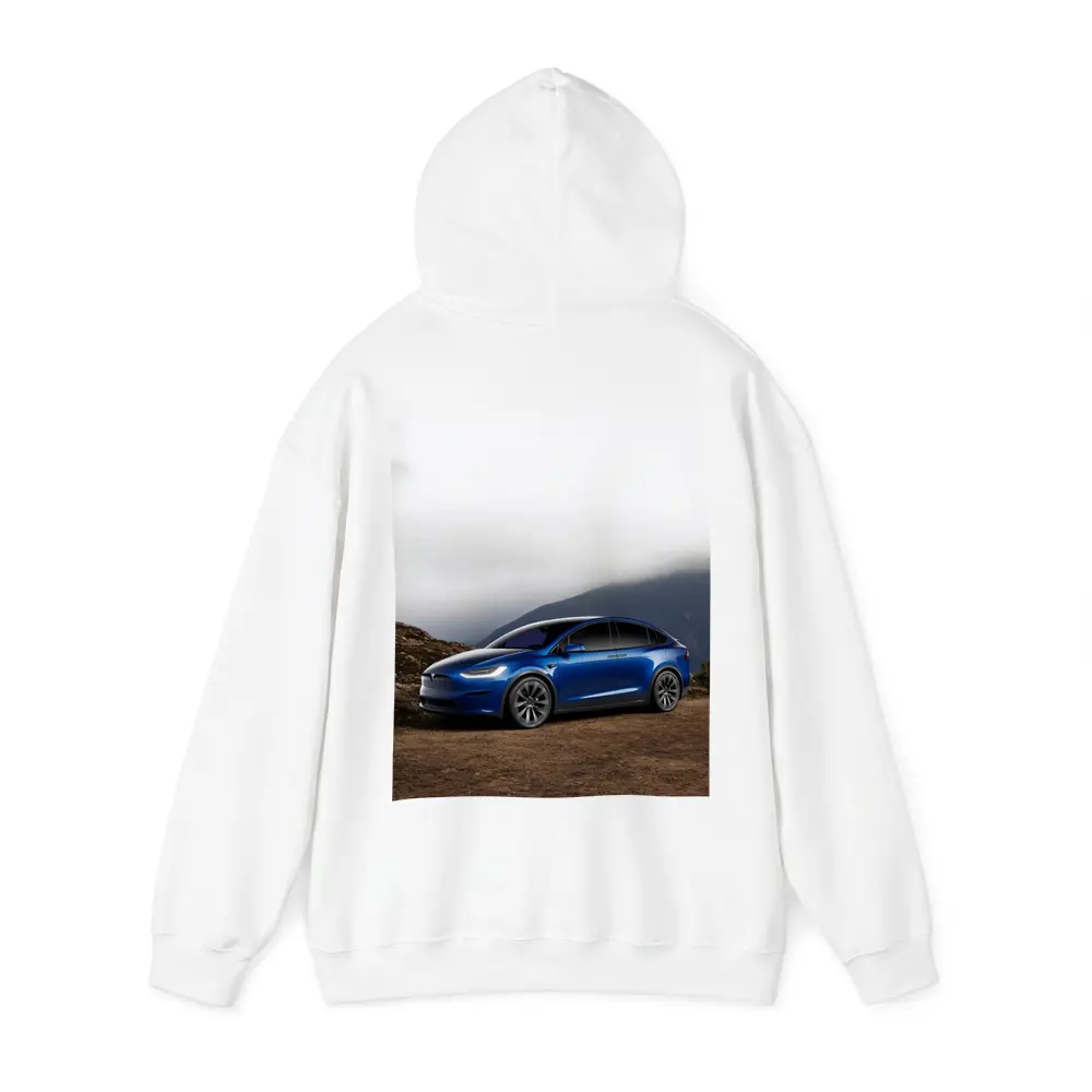 Tesla Model X Blue SUV Mountain Backdrop – Hoodies