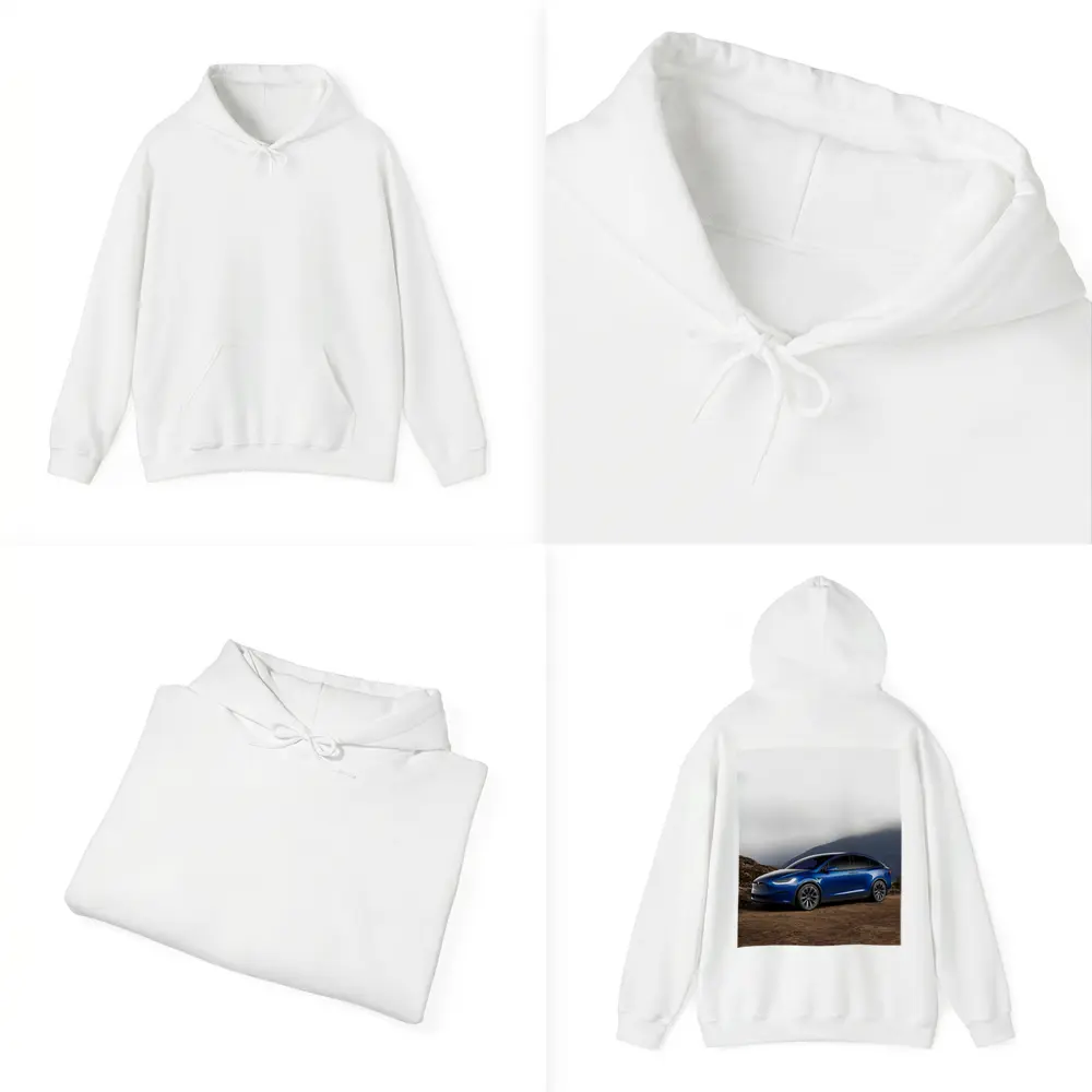 Tesla Model X Blue SUV Mountain Backdrop – Hoodies