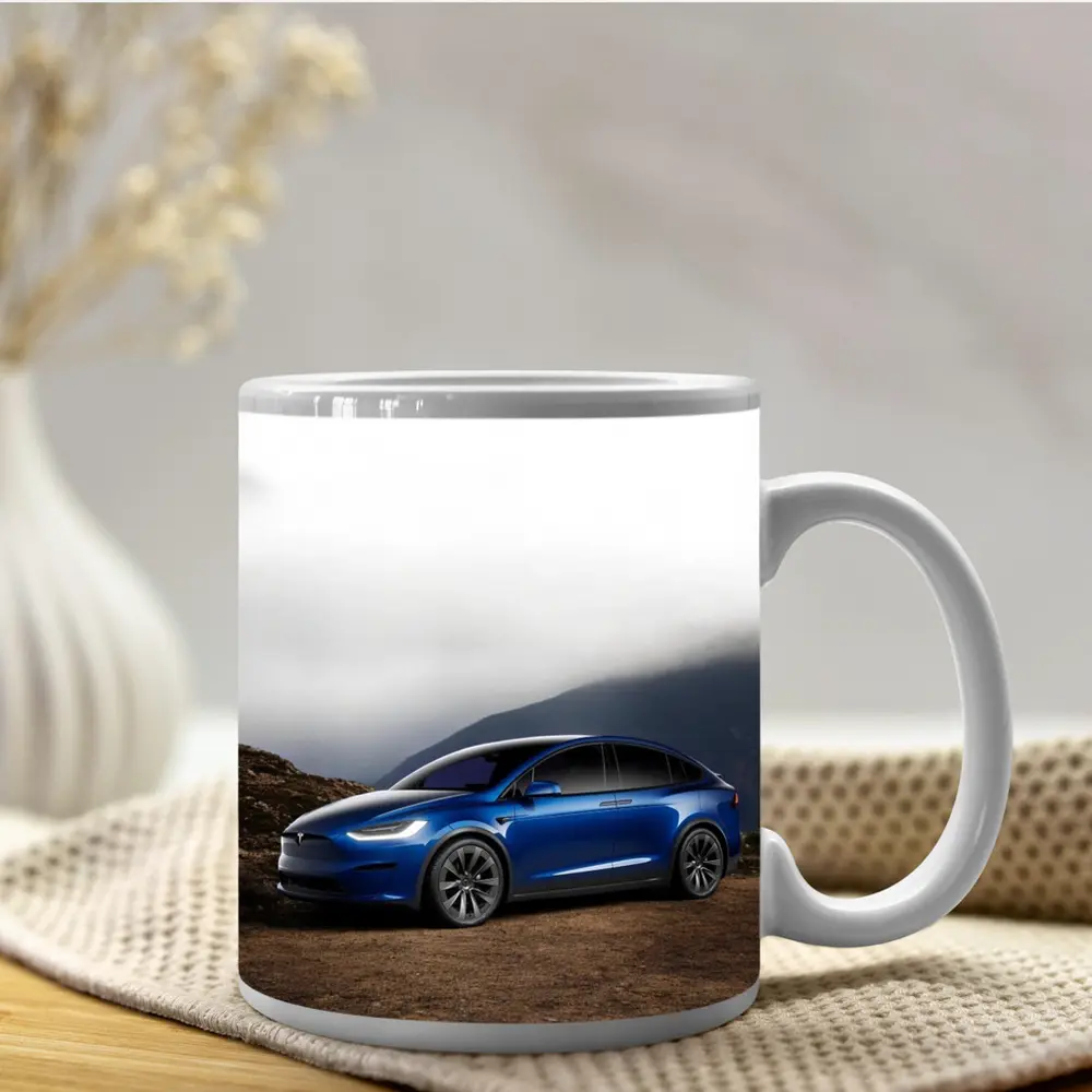 Tesla Model X Blue SUV Mountain Backdrop – Mugs