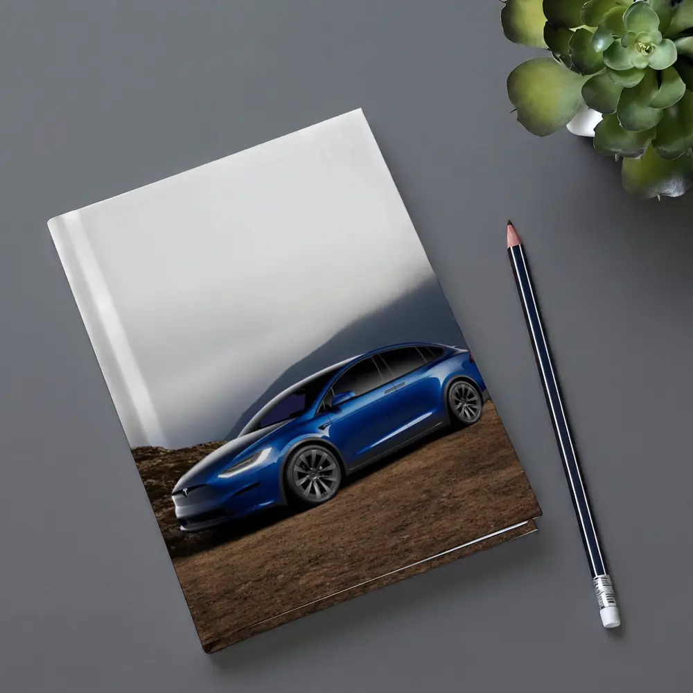 Tesla Model X Blue SUV Mountain Backdrop – Notebooks