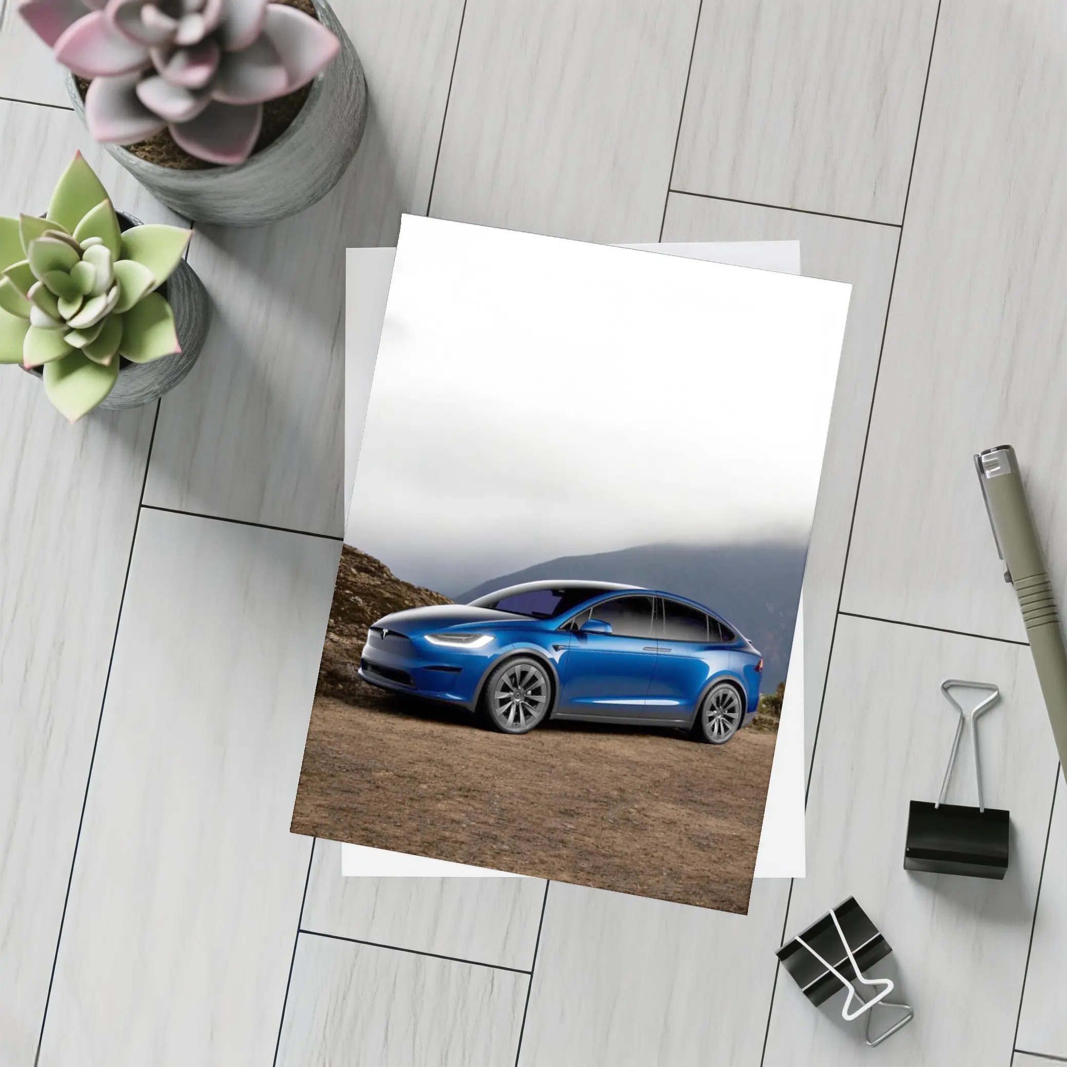 Tesla Model X Blue SUV Mountain Backdrop – Postcards