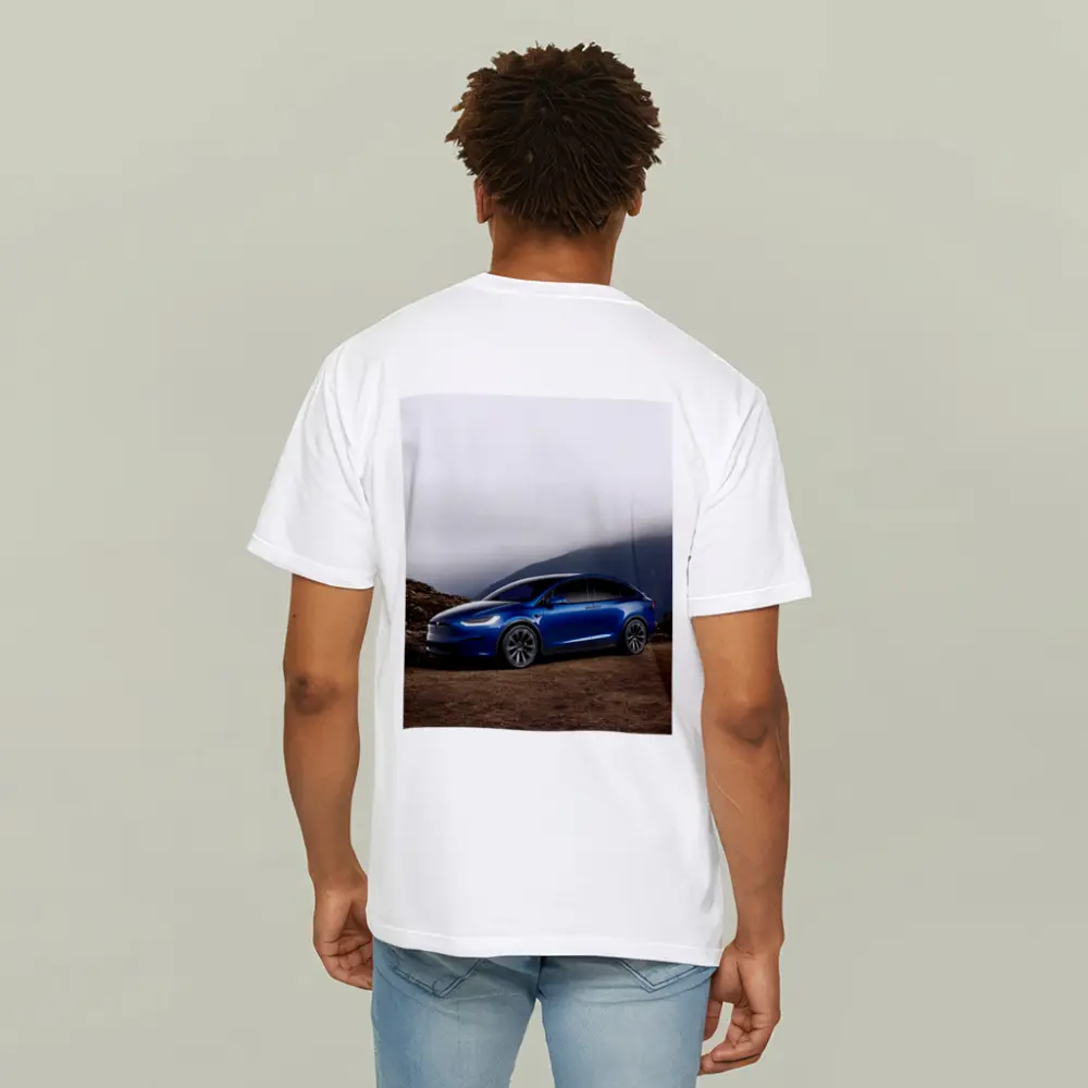 Tesla Model X Blue SUV Mountain Backdrop – T-Shirts