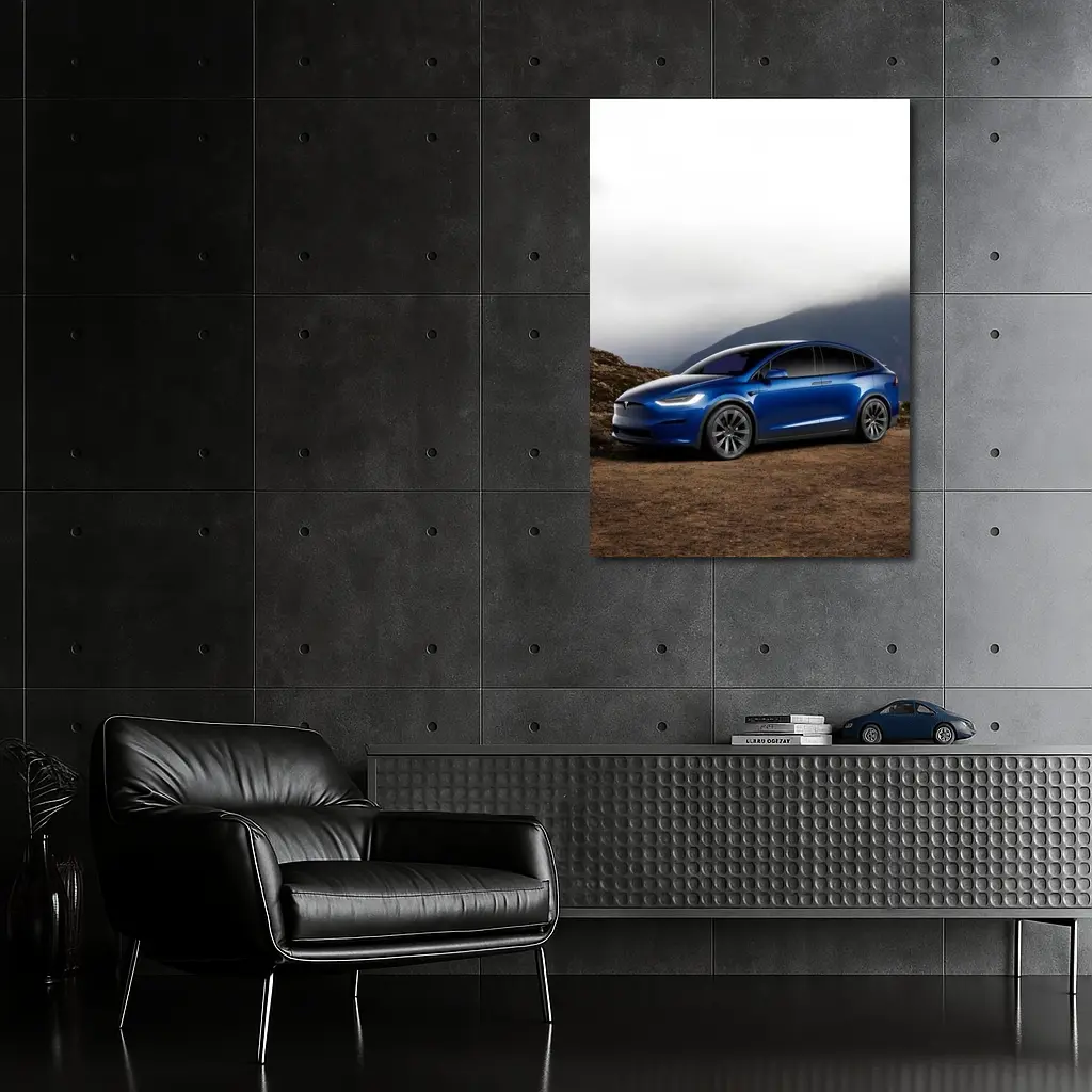Tesla Model X Blue SUV Mountain Backdrop – Wall Art