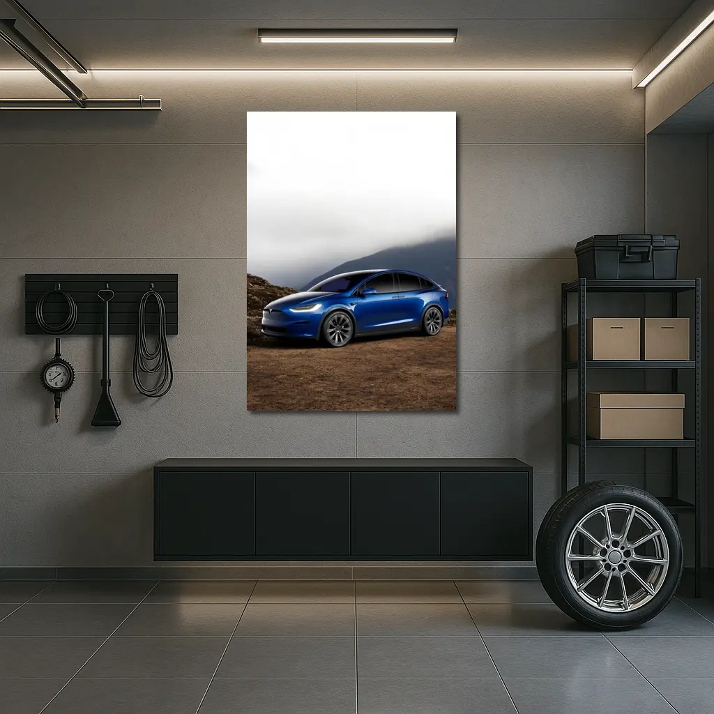 Tesla Model X Blue SUV Mountain Backdrop – Wall Art
