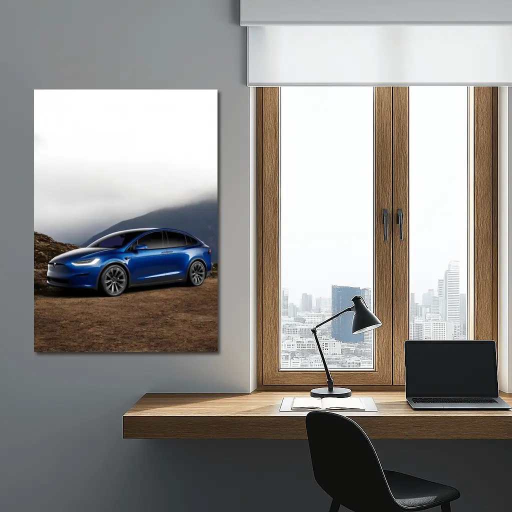 Tesla Model X Blue SUV Mountain Backdrop – Wall Art