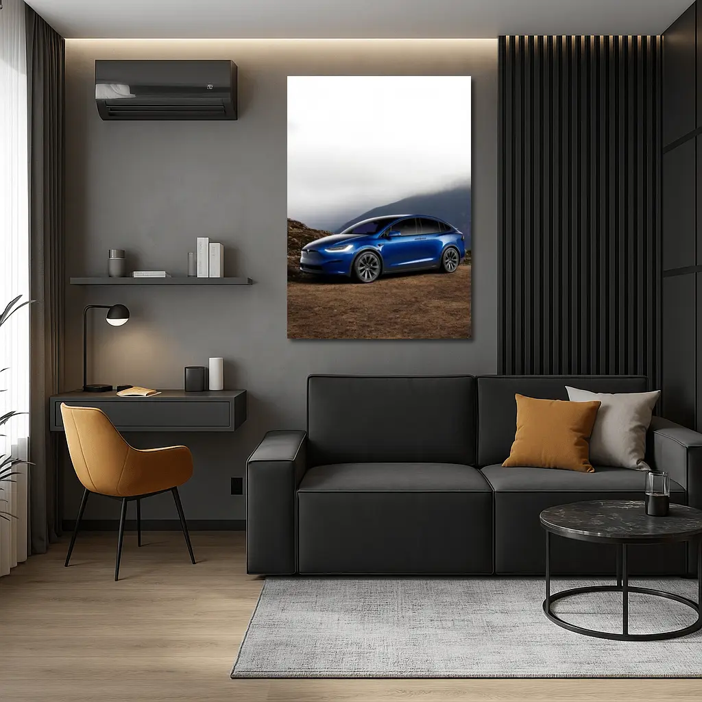 Tesla Model X Blue SUV Mountain Backdrop – Wall Art