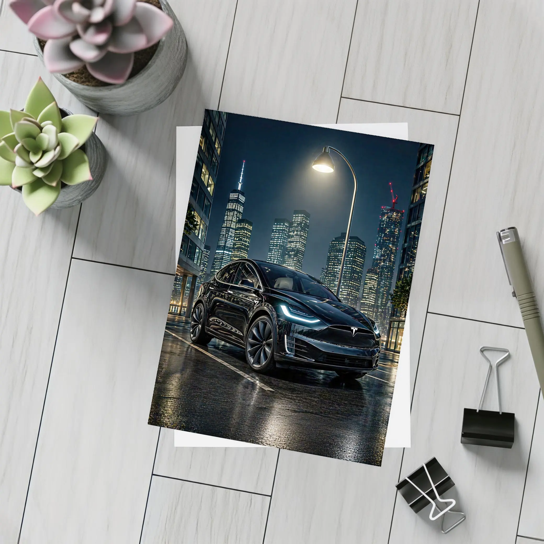 Tesla Model X Black City Night Street – Postcards