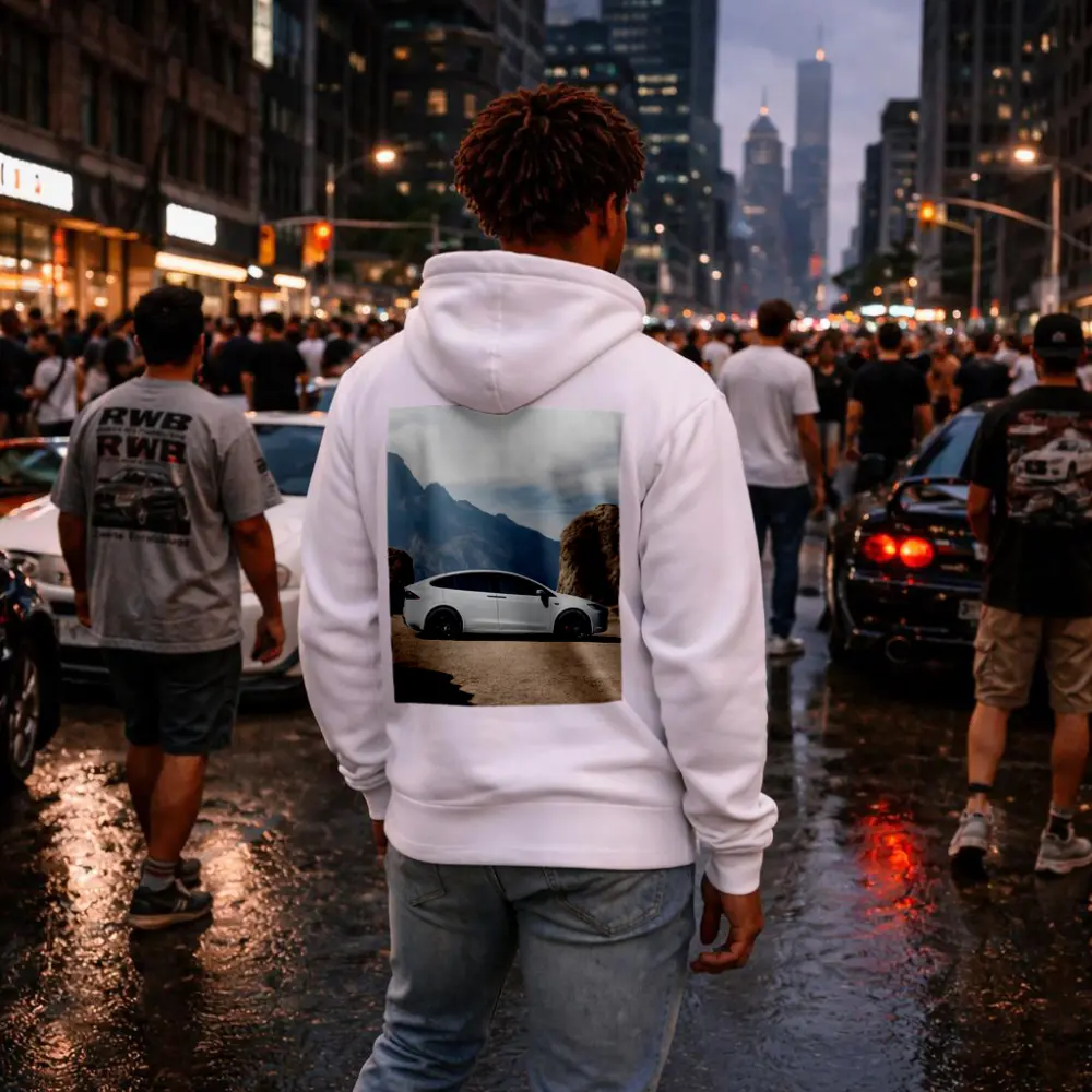 Tesla Model X Silver Rocky Mountain Overlook – Hoodies