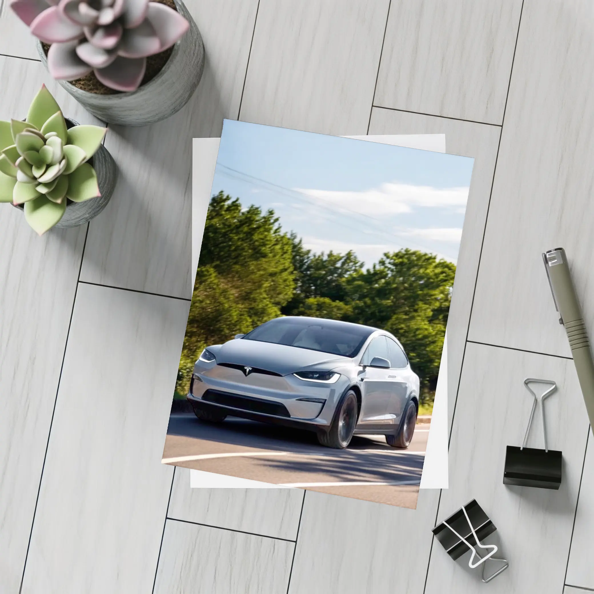 Tesla Model X Driving On Sunny Road – Postcards