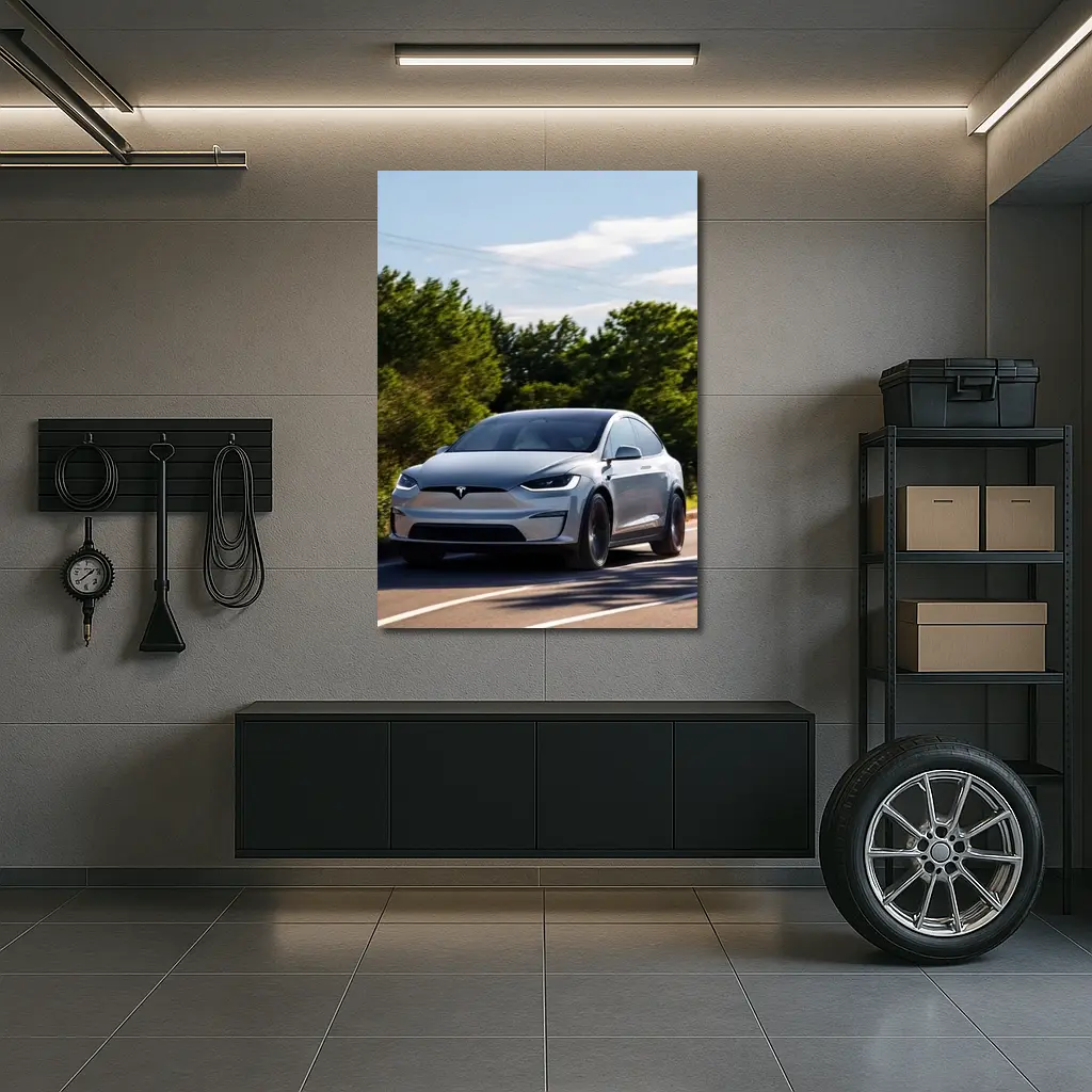 Tesla Model X Driving On Sunny Road – Wall Art