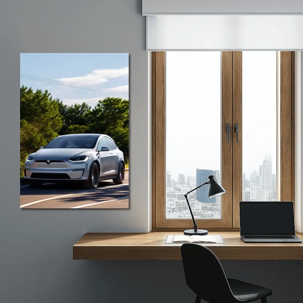 Tesla Model X Driving On Sunny Road – Wall Art