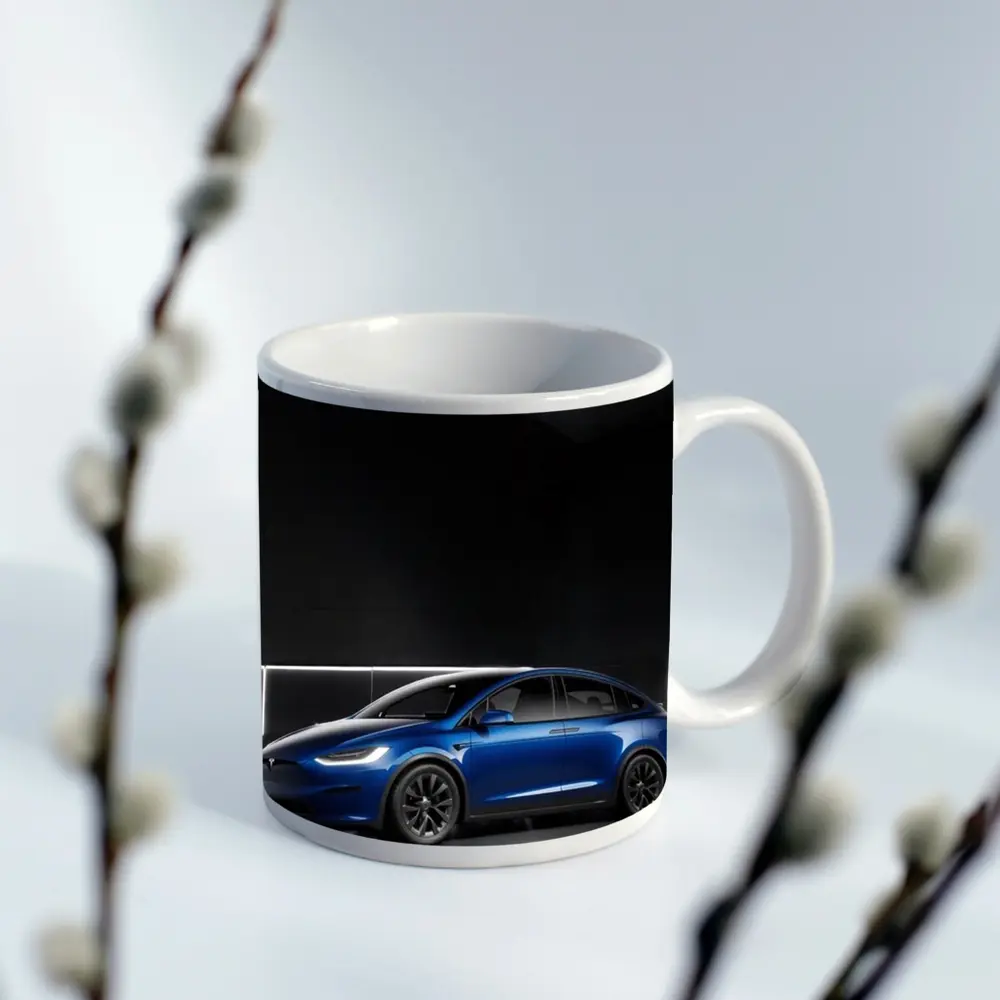 Tesla Model X Blue Dark Studio Background – Mugs