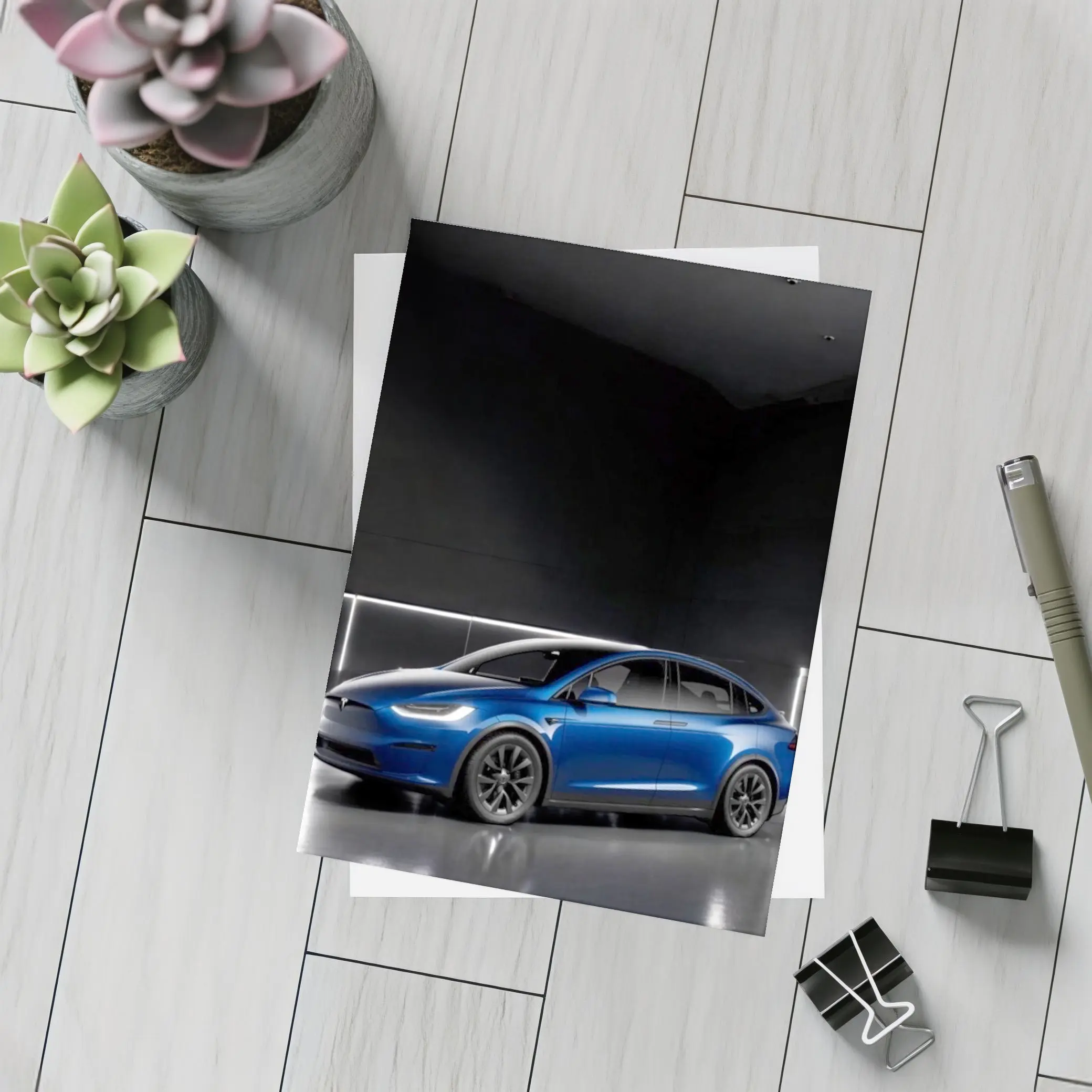 Tesla Model X Blue Dark Studio Background – Postcards