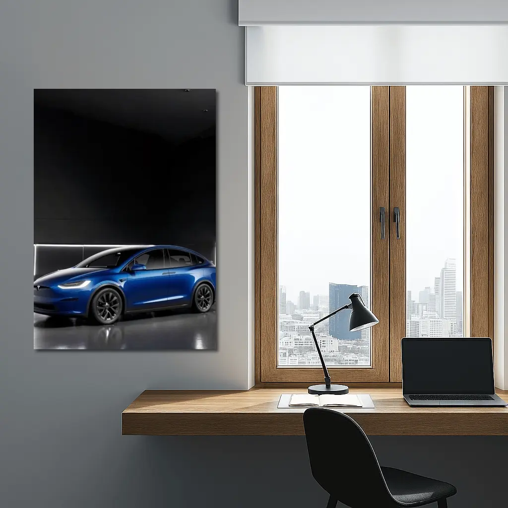 Tesla Model X Blue Dark Studio Background – Wall Art