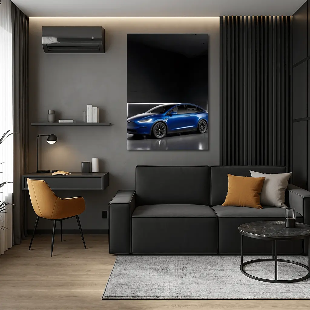 Tesla Model X Blue Dark Studio Background – Wall Art