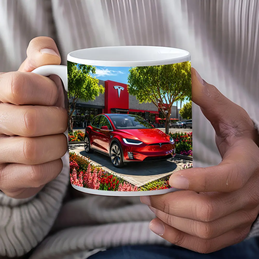Tesla Model X Red Outside Tesla Store – Mugs