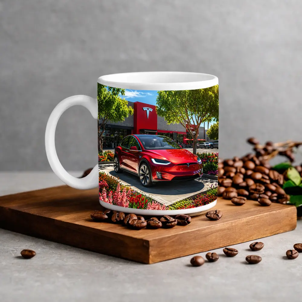 Tesla Model X Red Outside Tesla Store – Mugs