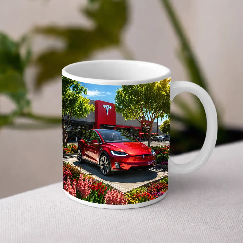 Tesla Model X Red Outside Tesla Store – Mugs