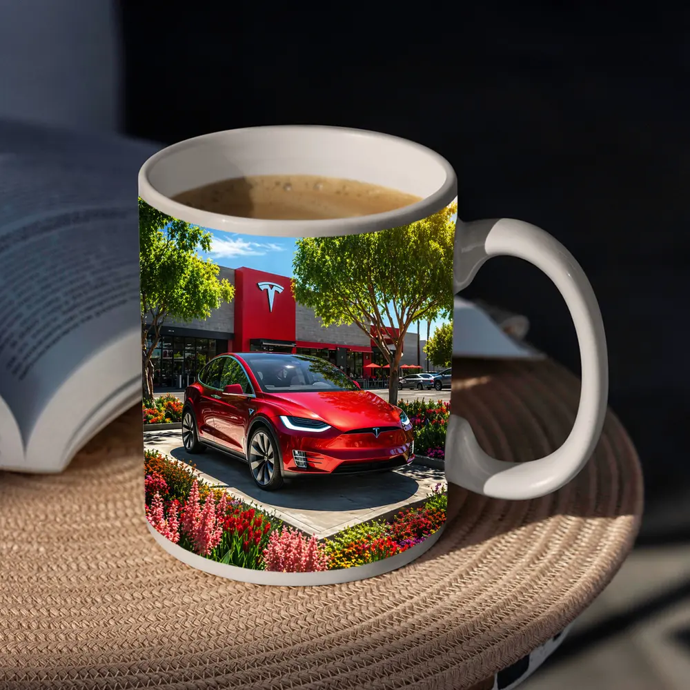 Tesla Model X Red Outside Tesla Store – Mugs