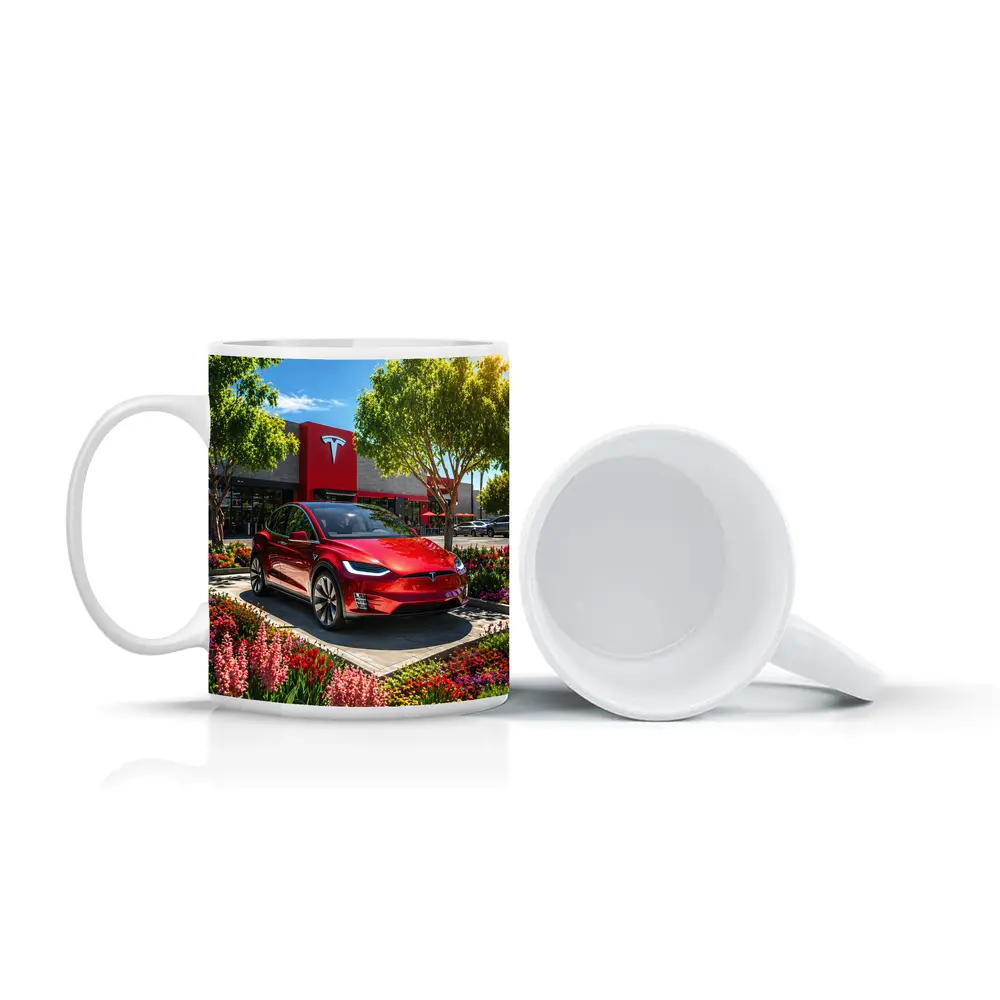 Tesla Model X Red Outside Tesla Store – Mugs