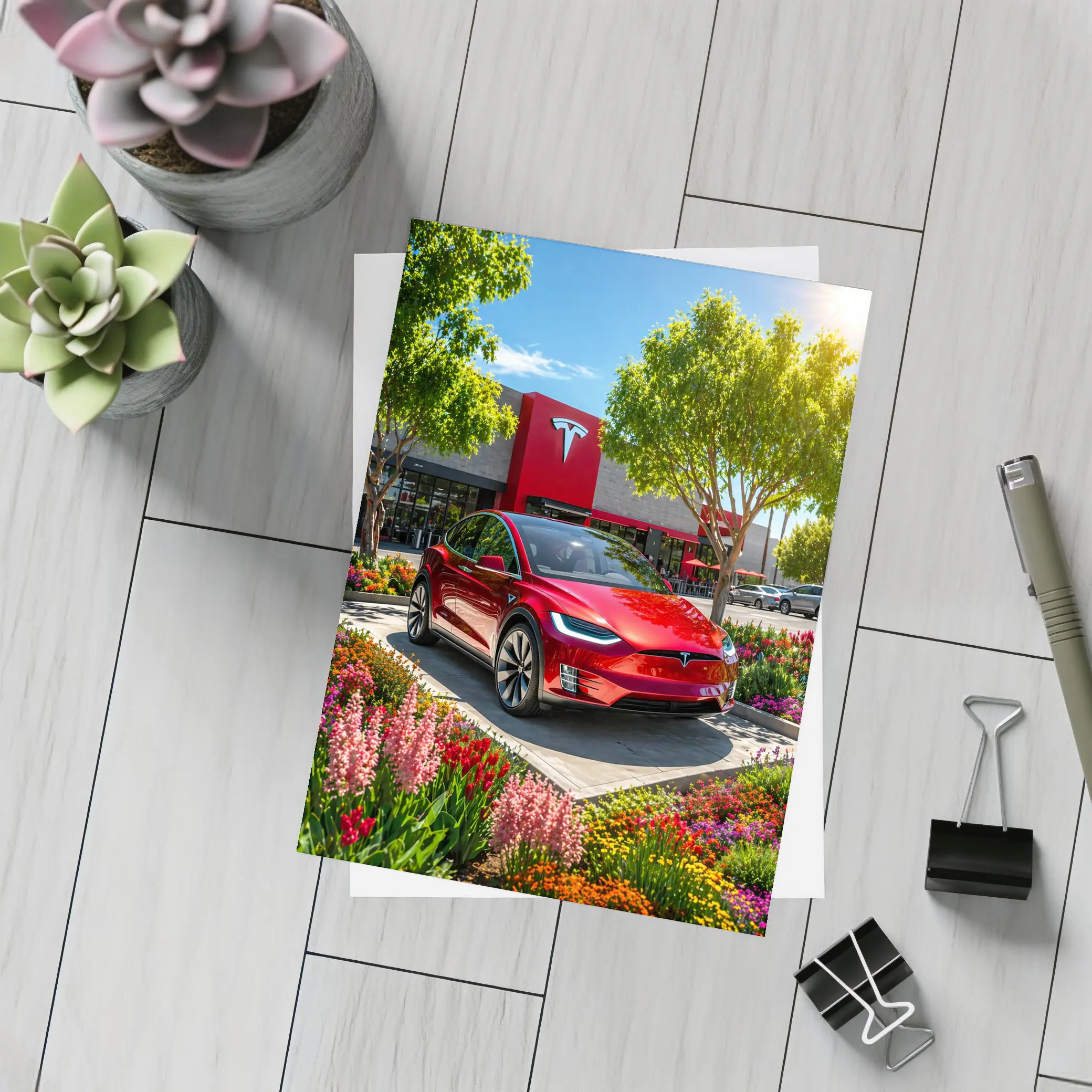 Tesla Model X Red Outside Tesla Store – Postcards