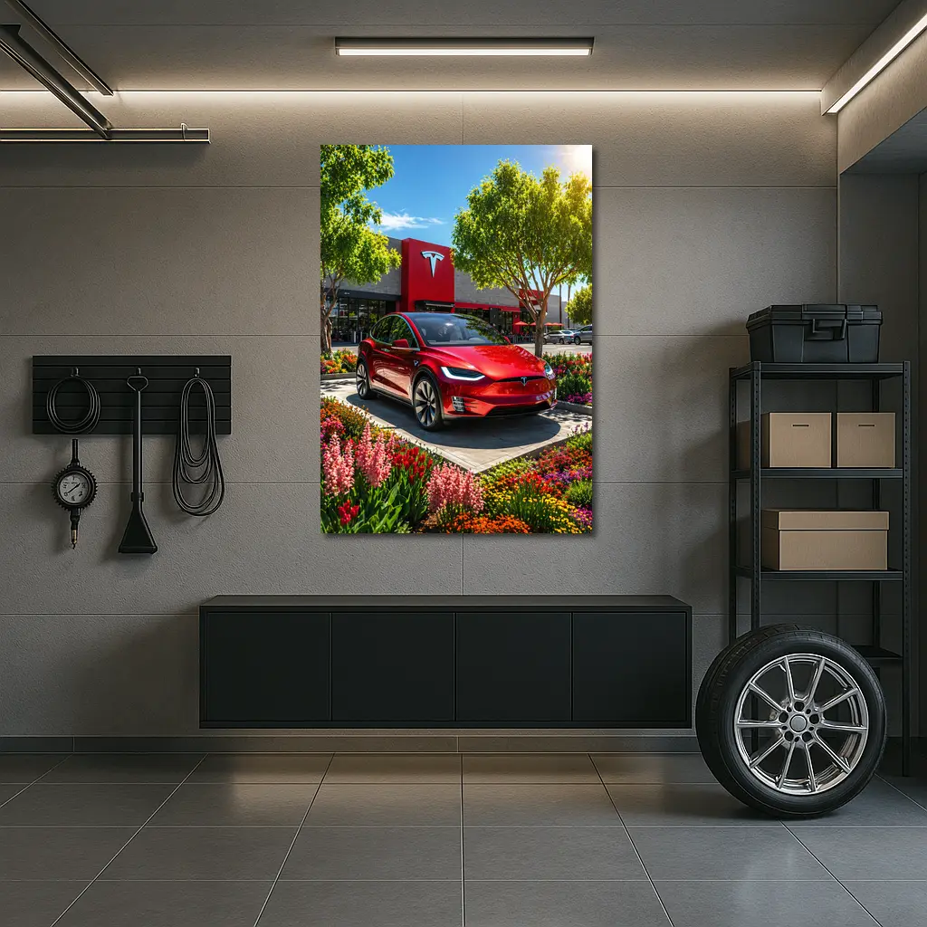 Tesla Model X Red Outside Tesla Store – Wall Art