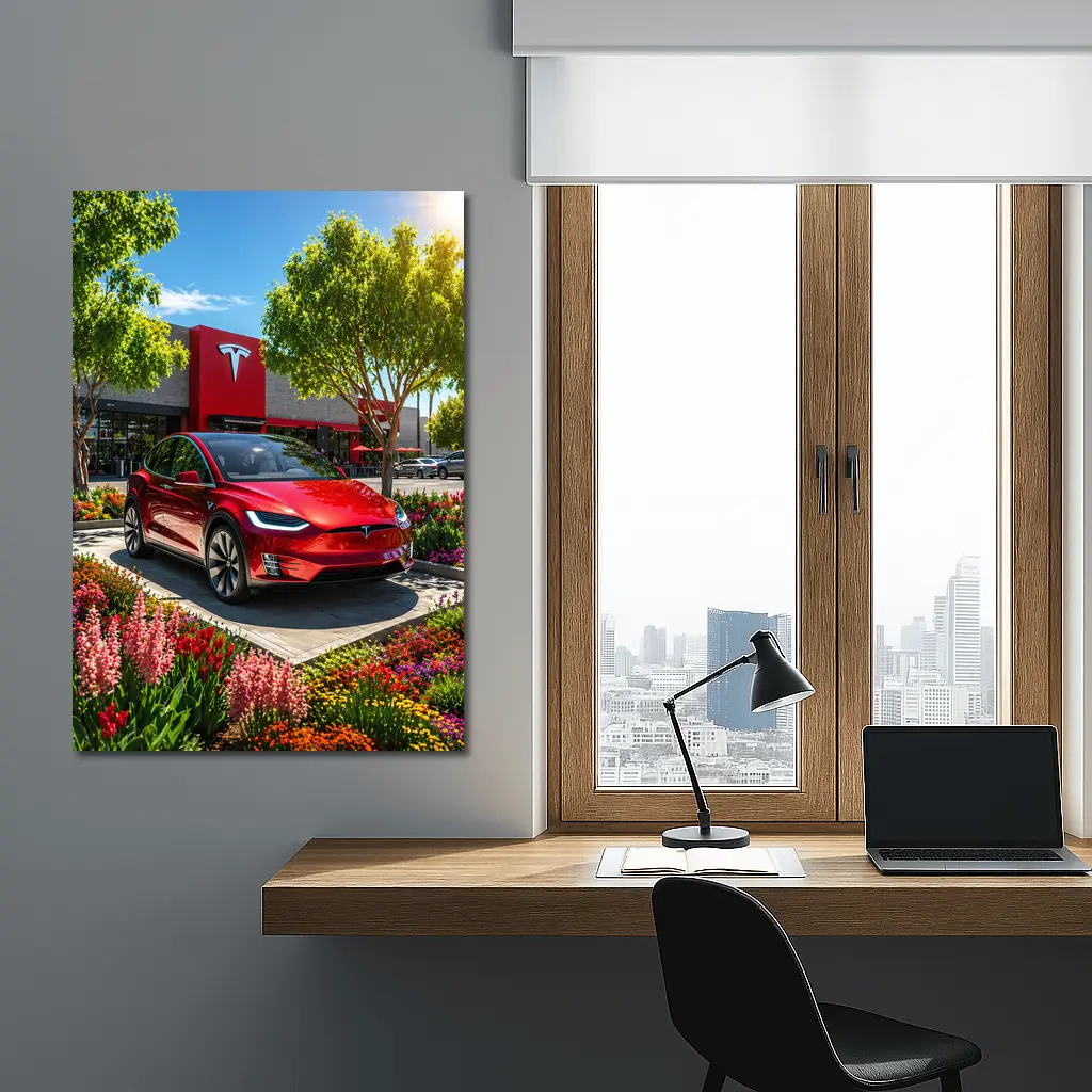 Tesla Model X Red Outside Tesla Store – Wall Art