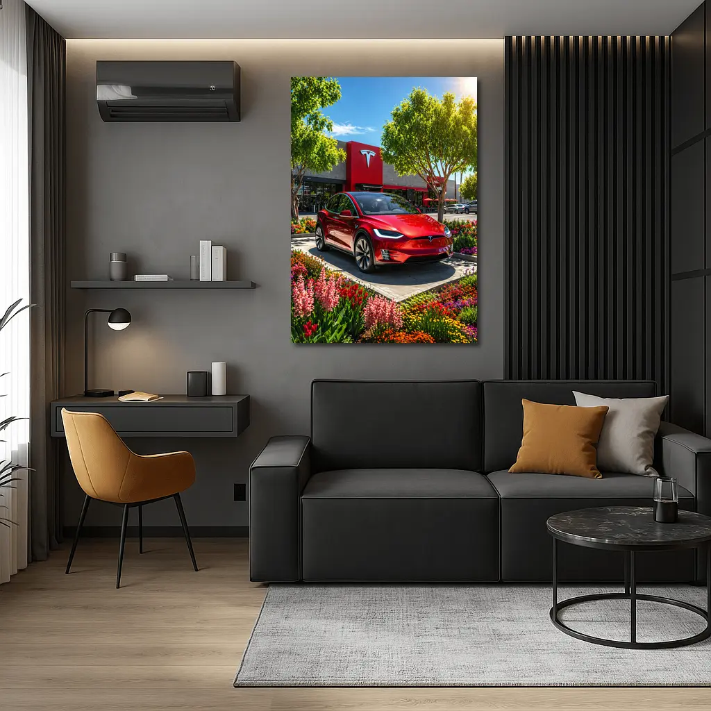 Tesla Model X Red Outside Tesla Store – Wall Art