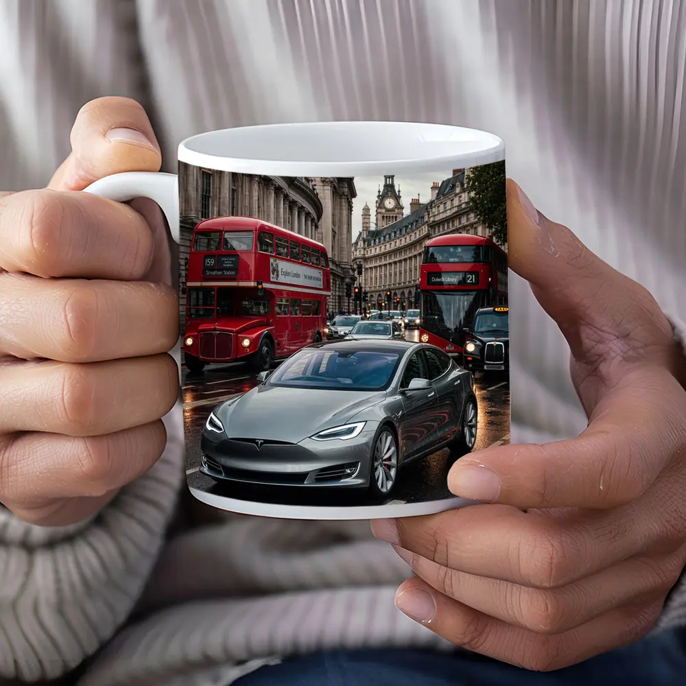 Tesla Model S London Streets Rainy Day – Mugs