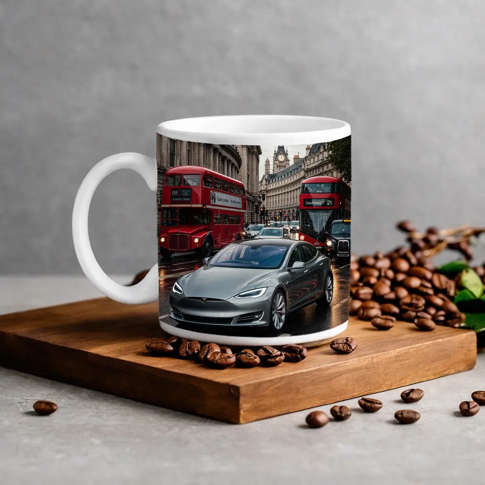 Tesla Model S London Streets Rainy Day – Mugs