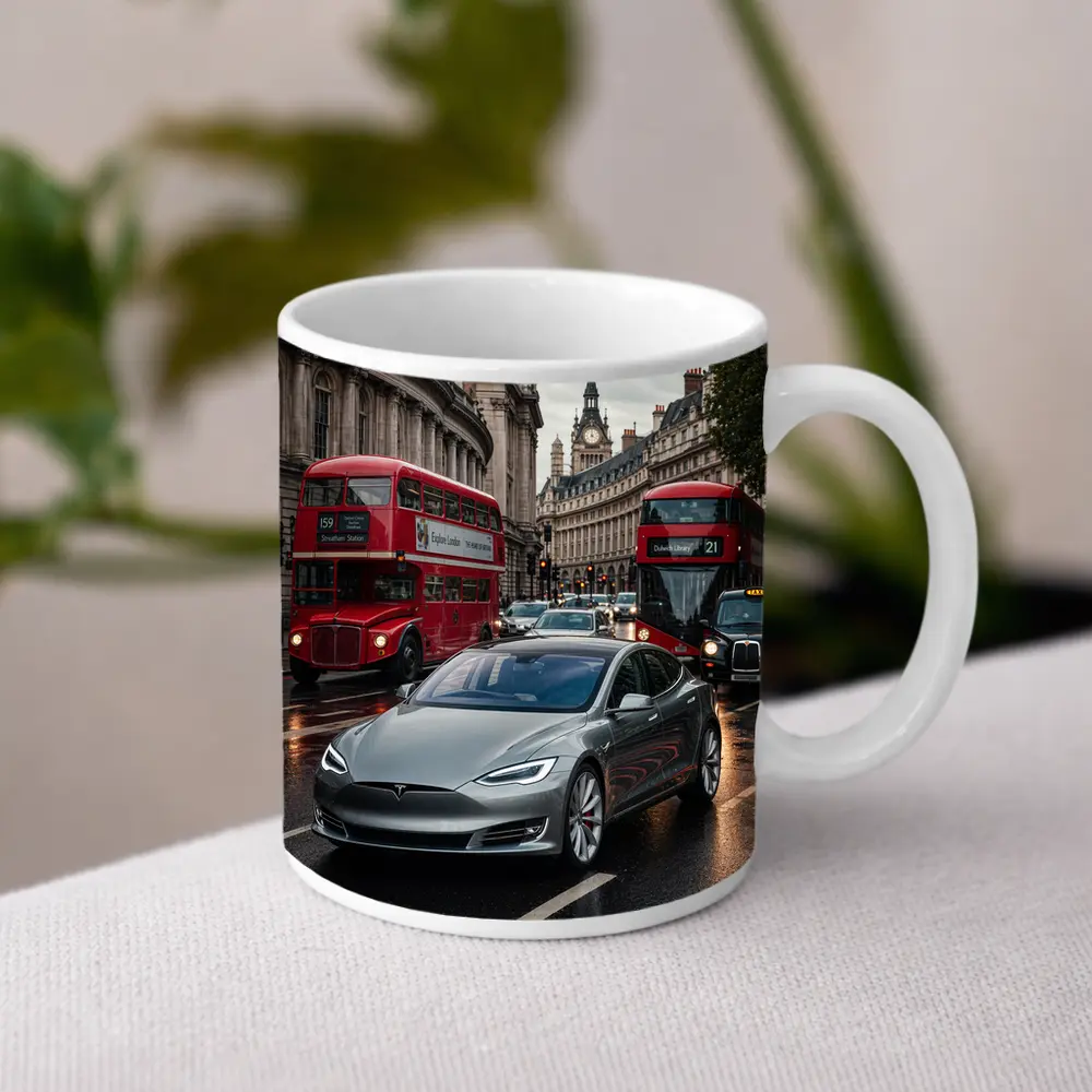 Tesla Model S London Streets Rainy Day – Mugs